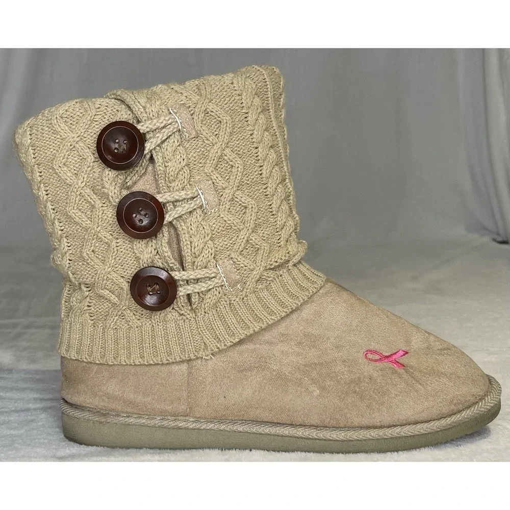 Breast Cancer Site Women's 11 Beige Mid Calf Boots Pink Ribbon Faux Shearling